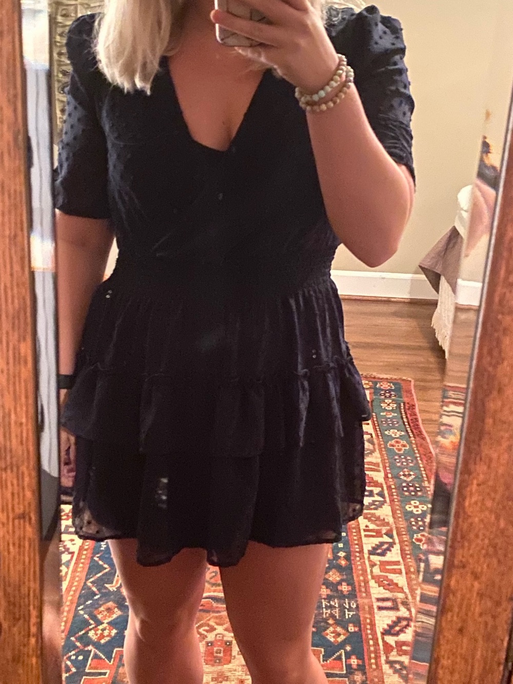 Altar'd State navy V-Neck Tiered Mini Dress with Puff Sleeves